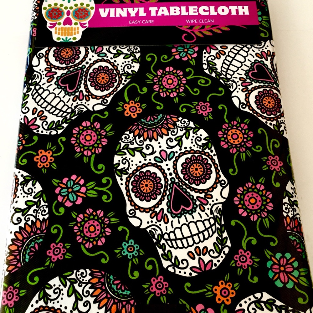Day of the Dead Tablecloth 52 x 70 inch rectangle Sugar Skull print